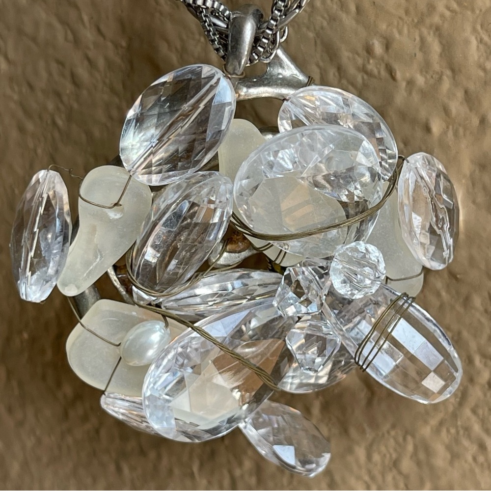 Chico's Wire Wrapped Clear & Opaque Crystal Pendant Necklace Multi Strand Chain